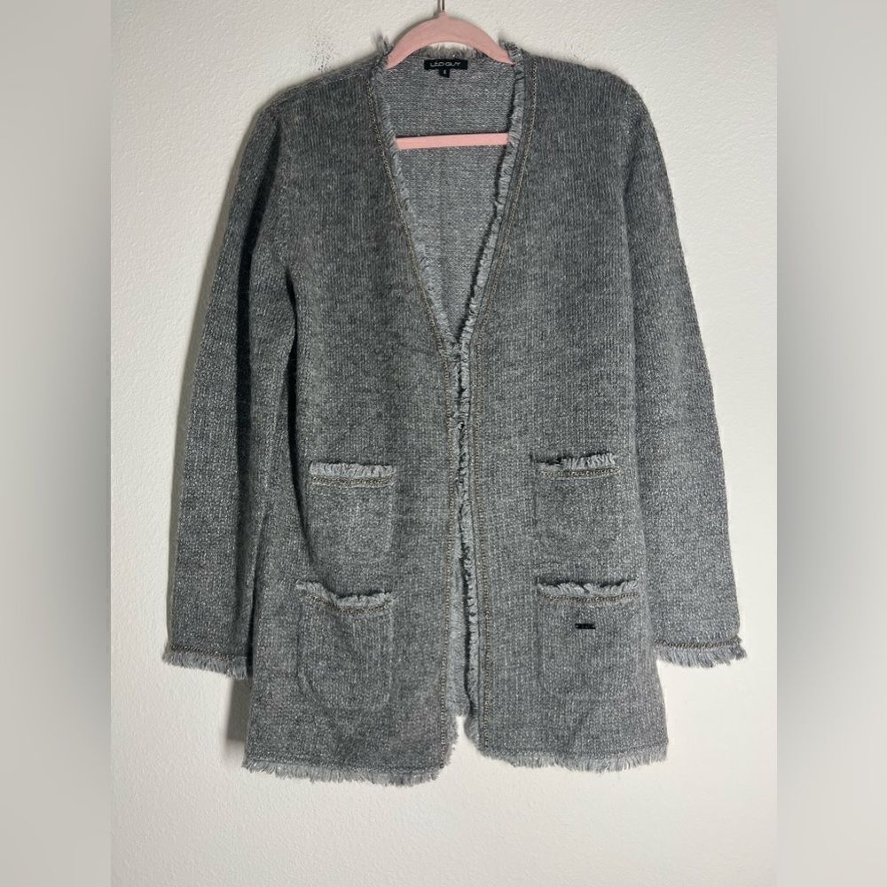 Léo Guy Sleeve Fringe Knit Cardigan Sweater Lurex Grey Made in France L NWOT
